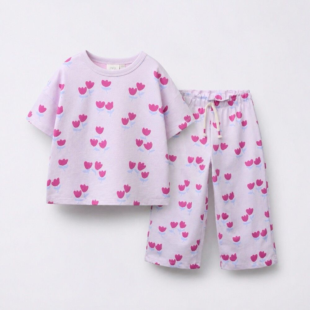 HTF Zara Baby Girl Toddler Floral Tulip Matching Set 1.5 Years Wide Leg Pants